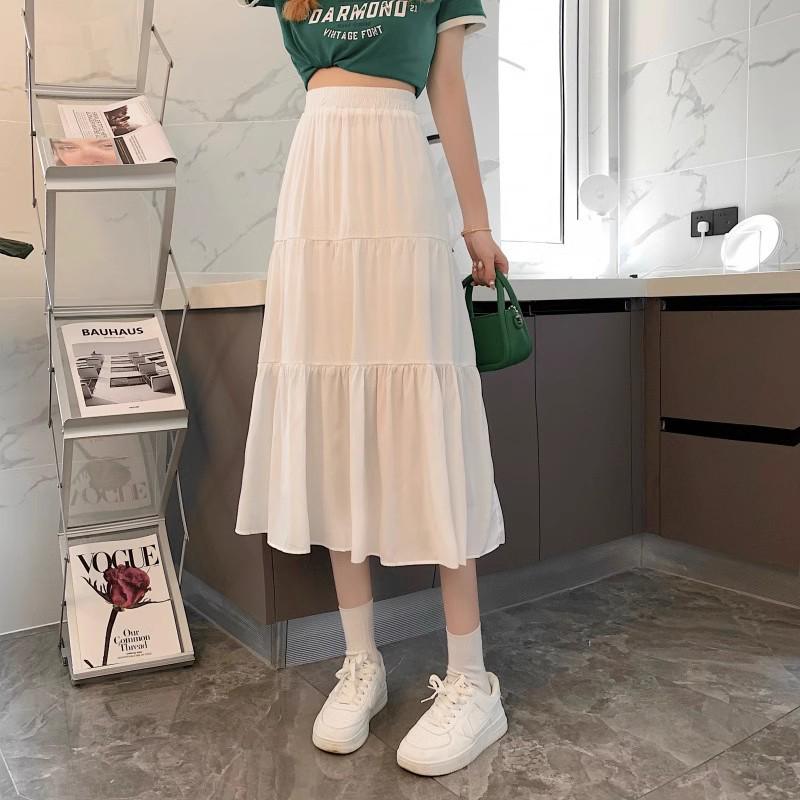 2024 Spring/Summer A-line White Midi Skirt: Versatile, Slimming, Solid Color for Women