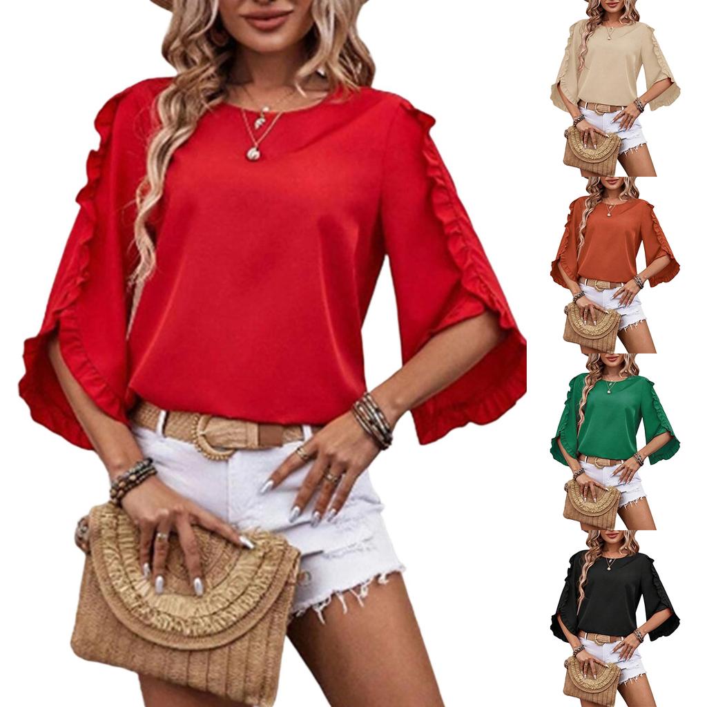 Women's Casual Short Ruffled 3/4 Sleeve Blouse
