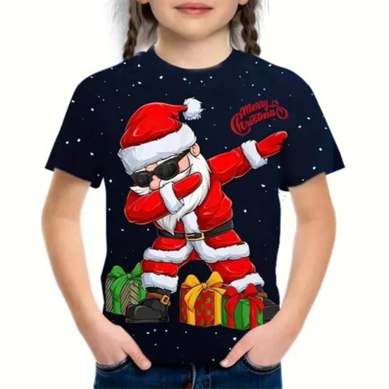Children's Santa Claus Printed New Year T-Shirts Kids Unisex Comfortable Fashion Top Short Sleeve