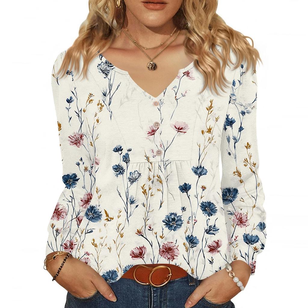 Women's Fashionable Casual V-neck Blouse Button Long-sleeved Pullover T-shirt Top