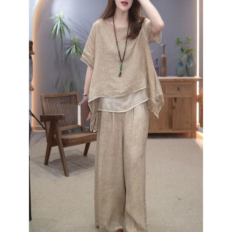 Women Vintage Wide Leg Trousers Suits Casual Patchwork Blouse Pants Sets 2PCS Loose Suit Plus Size