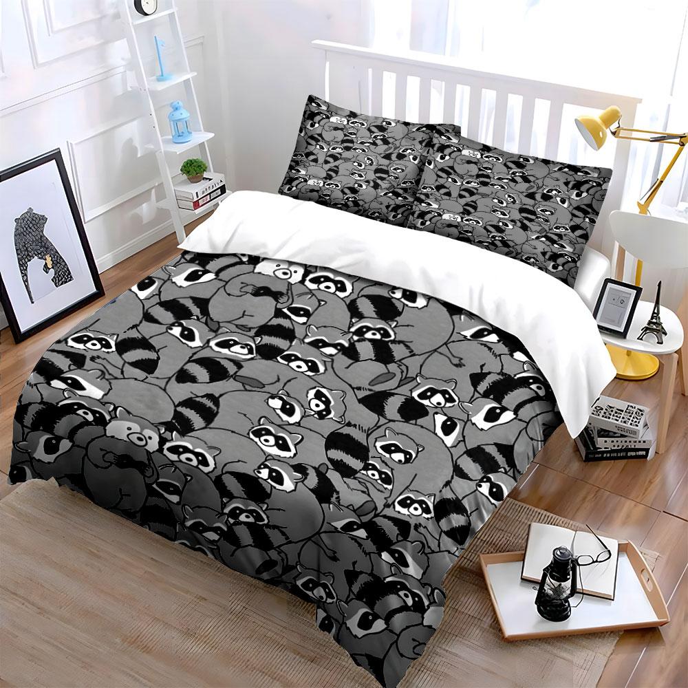 Cartoon Raccoon Cluster Scene Duvet Cover Set With 3D Printing Design Soft Polyester Bedding Set All-Season Comfort For Gifts
