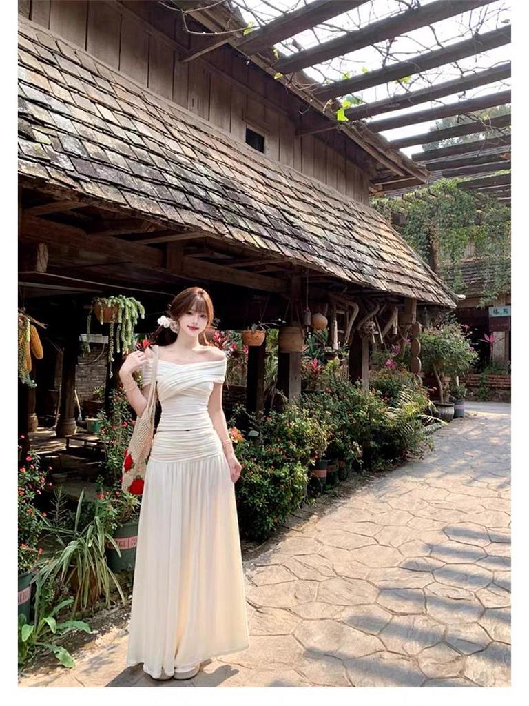 Women's French White Off-Shoulder Top & Knit Midi Skirt Set - Gentle Spring Design