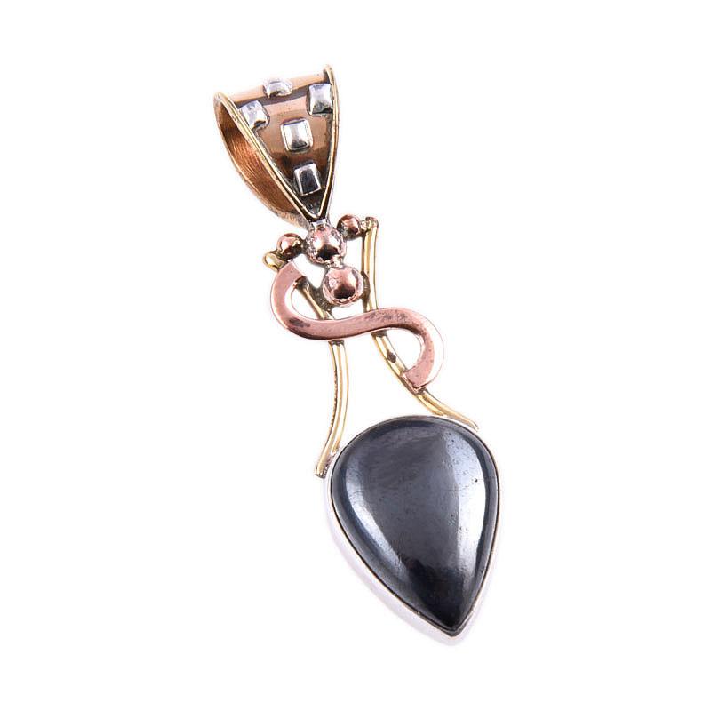 Natural Gunmetal Gemstone 925 Solid Sterling Silver Two Tone Pendant 1.75" A8O83