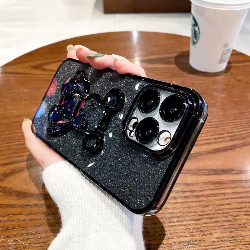 Electroplating quicksand violent bear is suitable for iPhone17 mobile phone case with glass lens film Apple 16 transparent soft case