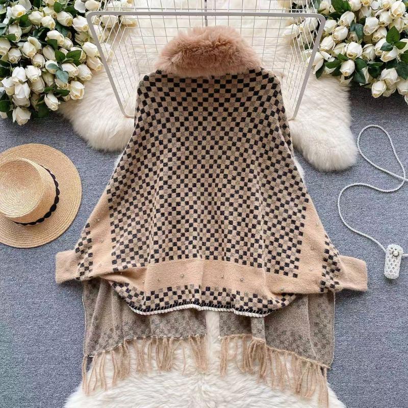 Splicing cape shawl long coat women's autumn and winter new loose lazy and stylish knitted sweater plaid cardigans