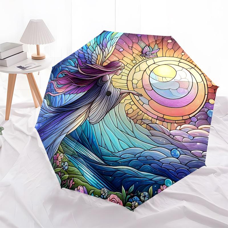 1pc Stained Glass Angel Design Automatic Opening Folding Umbrella with 8-Bone Iron Frame - Perfect for Outdoor Use, Festive Gifts, Travel, Daily Use,