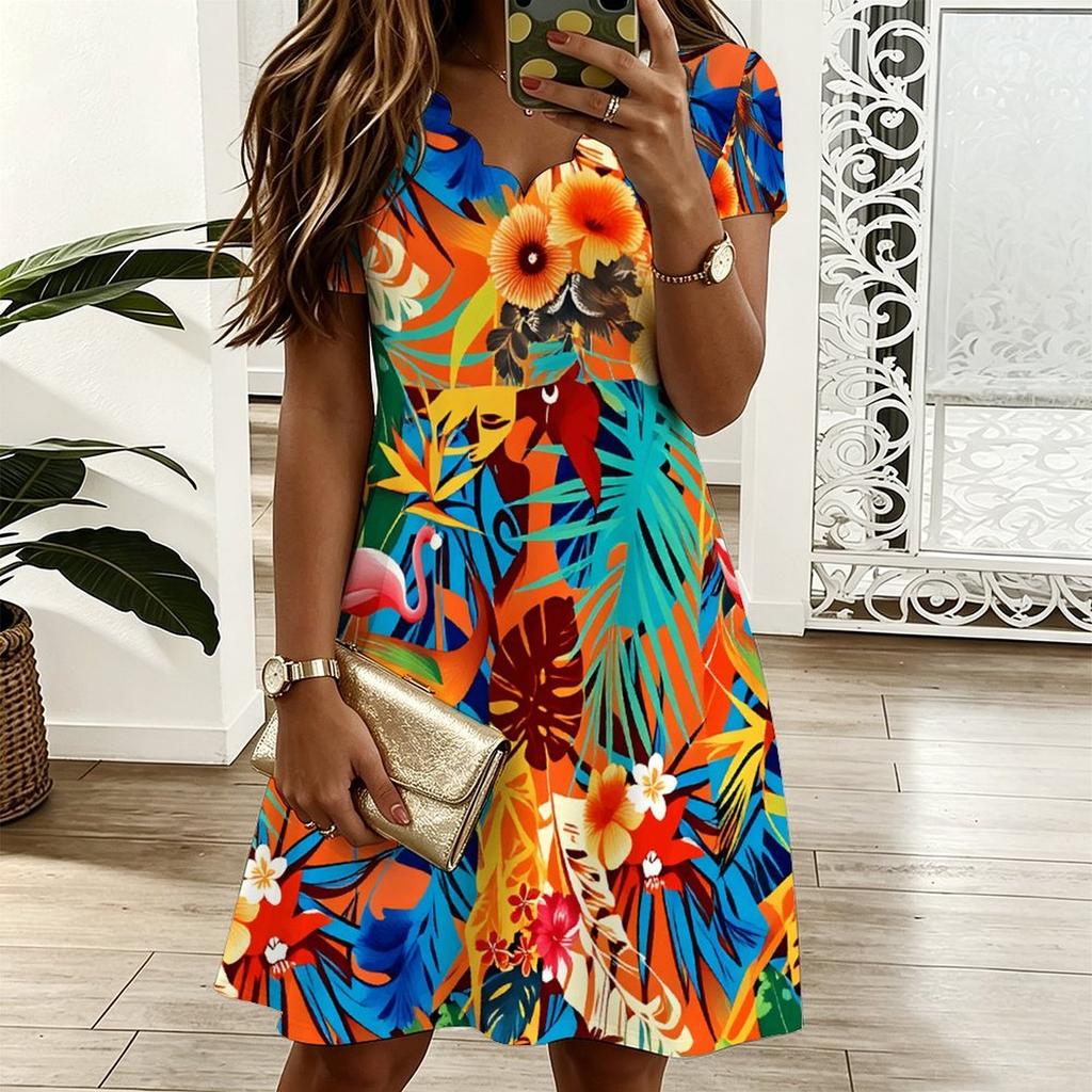 Ladies Plus Size V Neck Short Sleeve Dress Nature Floral Printed Loose A Line Dress For Spring And Summer Wear