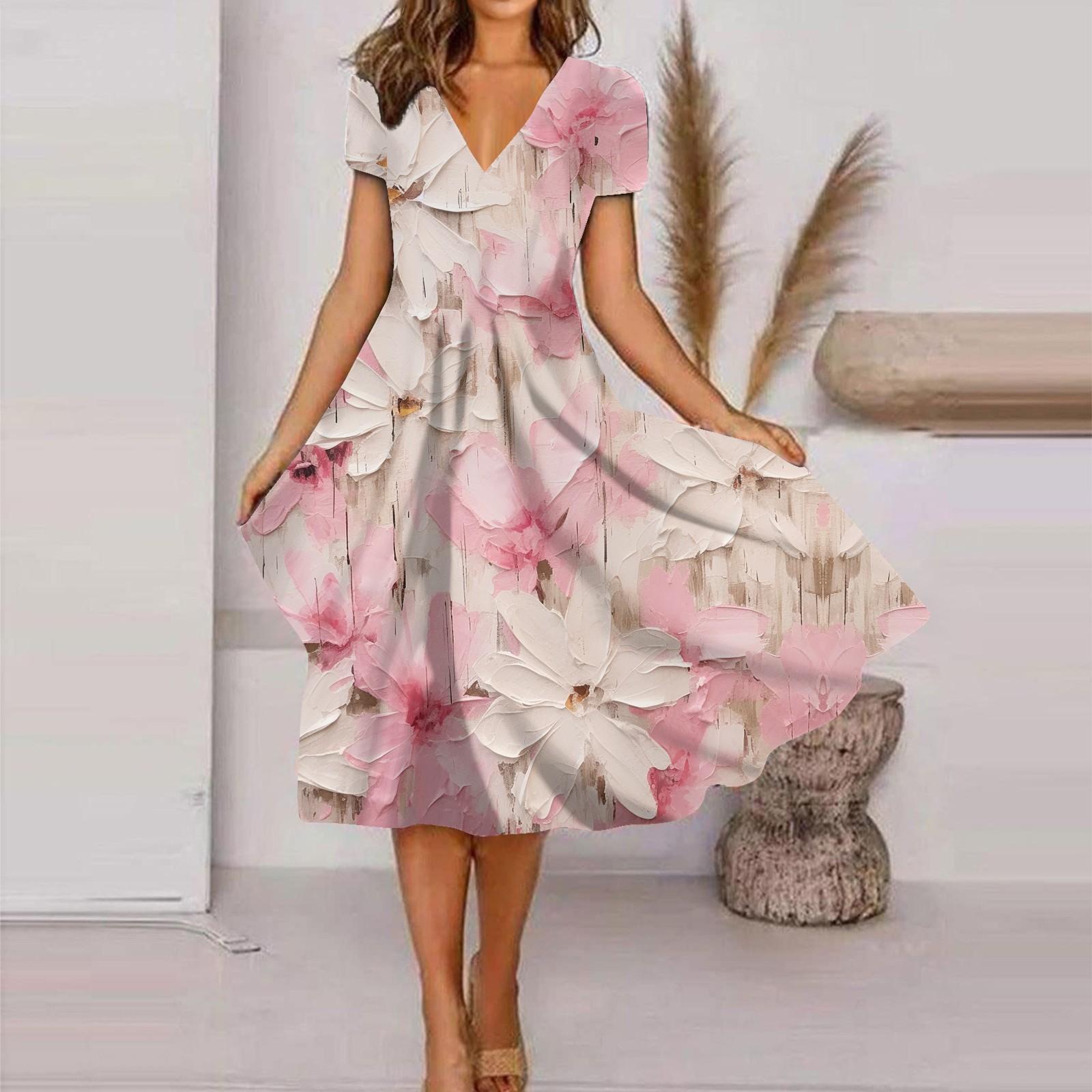 

Летние повседневные платья для женщин, свободный сарафан с коротким рукавом, платье-футболка с цветочным принтом XL розовый