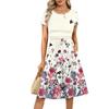 Women's Casual Fashion Round Neck Pleated Short Sleeve Retro Floral A-Line Midi Dress