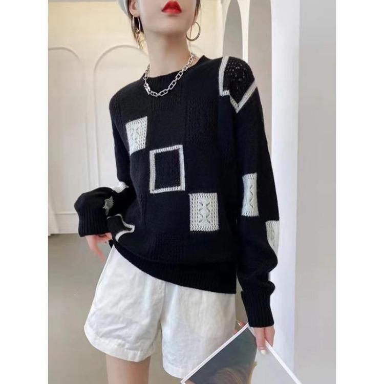 Retro Sweter Top w Szachownicę Color Block z Moheru Cienki Styl Okrągły Dekolt Wiosna Jesień Sweter