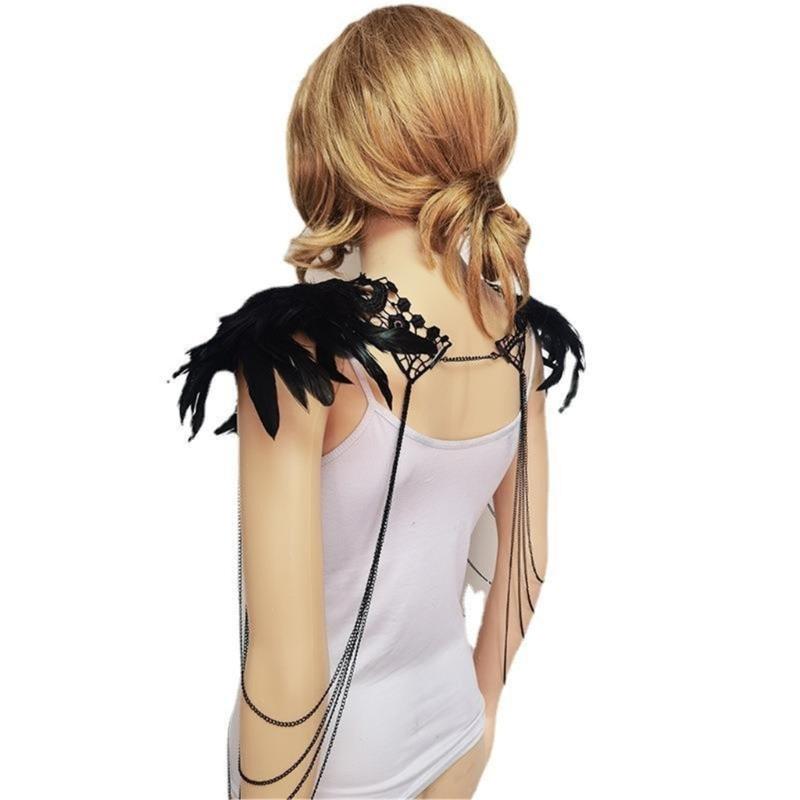 Feather Epaulette Shoulder Wrap Lace Choker Halloween Cosplay Costume Gothic Feather Harness Body Chain for Womens