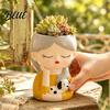 Resin Desktop Ornament Cute Head Planter Succulent Little Girl Flower Pot Human Flowerpot for Plants Face Cactus Container Bonsai Holder