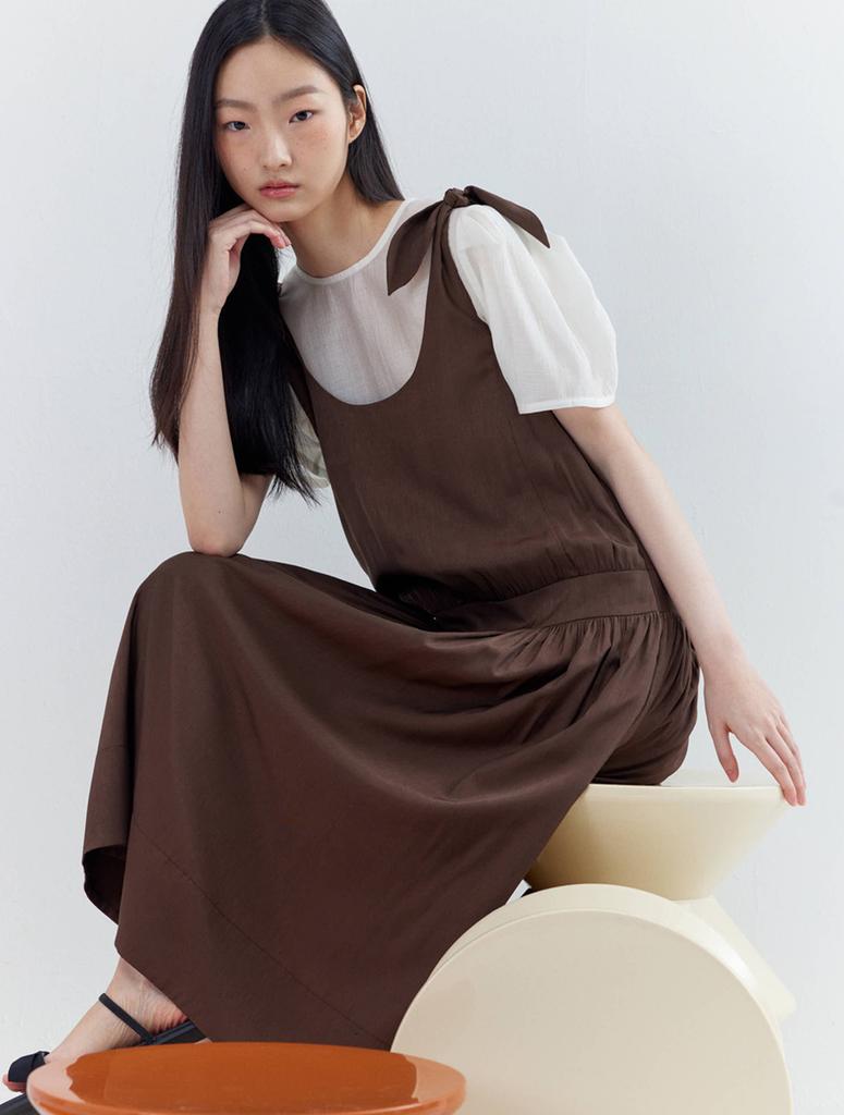 Opening Sunshine Ribbon Shoulder Shirred Sleeveless Dress Brown