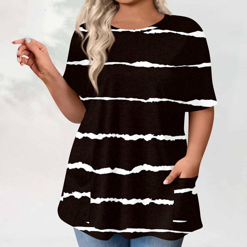 Womens Plus Size Tops Shorts Sleeve Shirts Round Neck Printed Casual Pockets Clothing Clothes Tops