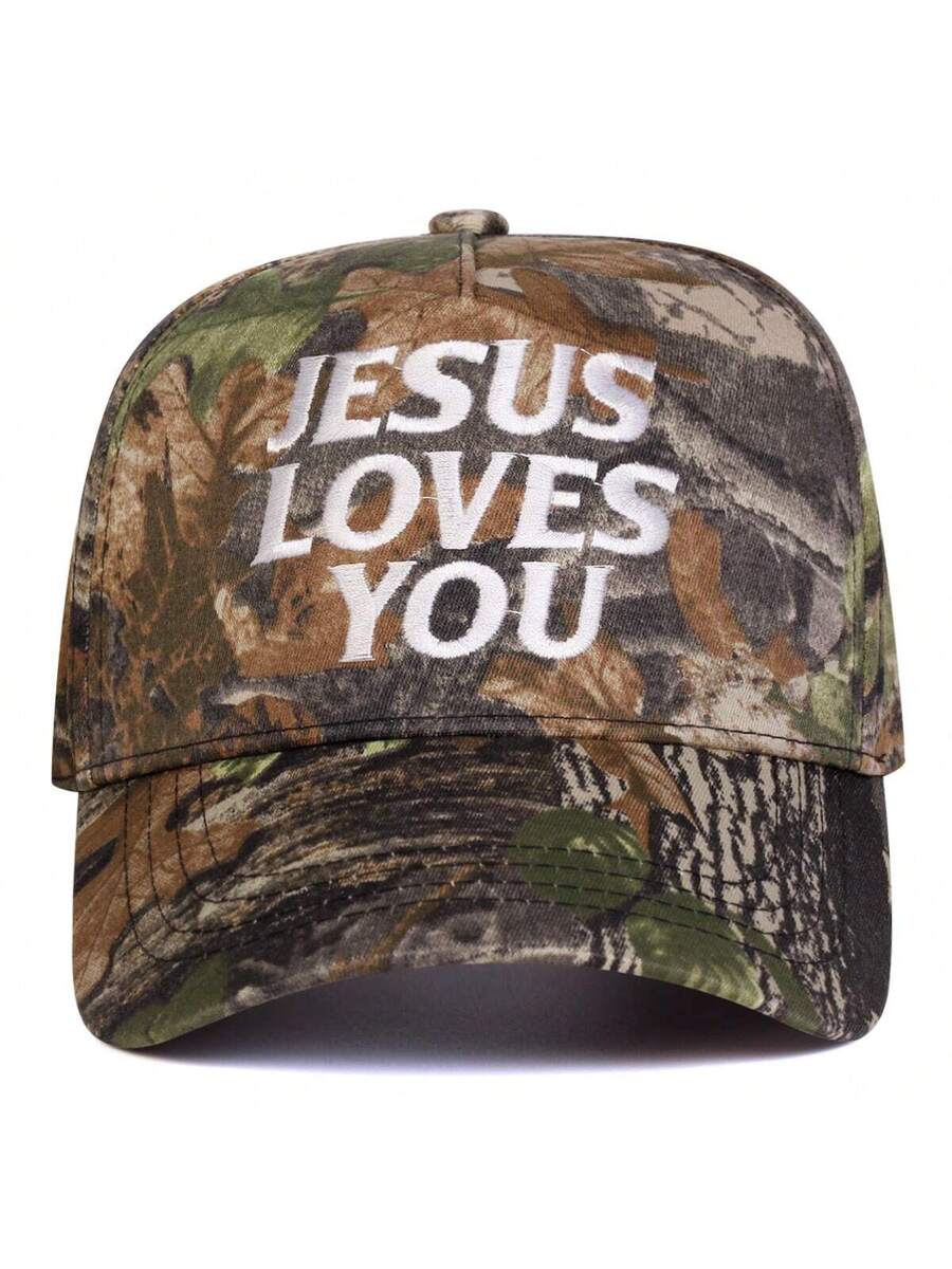 Zealous Sole Women's Multicolour Men Camouflage Baseball Cap With Embroidered Jesus Loves You Lettering Outdoor Adjustable Hat Cm
