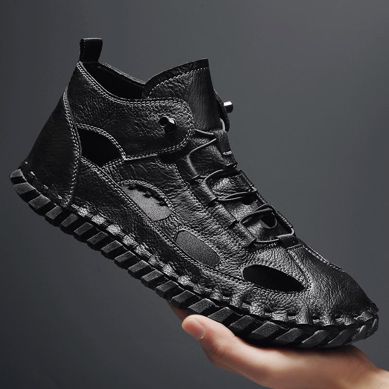 Fashion Leisure Anti-collision Toe Sandals Men High Top Leather Roman Sandals Fashion Men's Beach Flats Quick Dry Male Wading Aqua Shoes