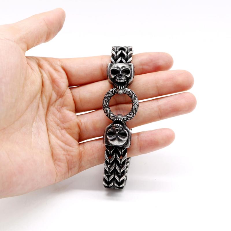 Punk Double Skull Bracelet For Men 316L Stainless Steel Heavy Shiny Skeleton Charm Mesh Chain Mens Bracelets Male Jewelry New