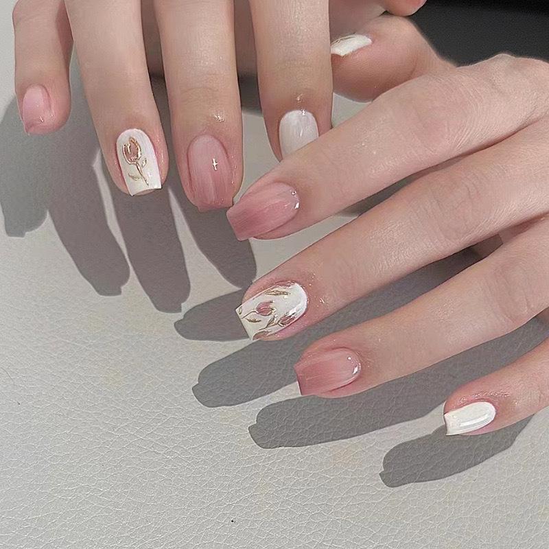 Simple French Gradient Detachable Press-On Nails: Short, Whitening False Nail Tips.