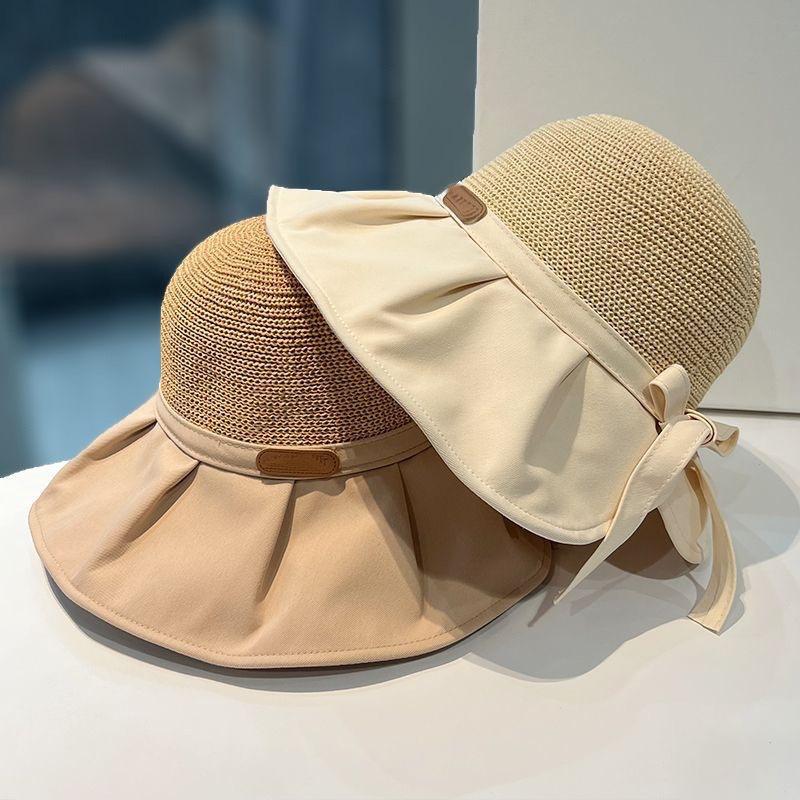 Korean-Style Women's Wide Brim Sun Hat with Bow and Face Mask - Versatile Outdoor UV Protection Hat for Adults