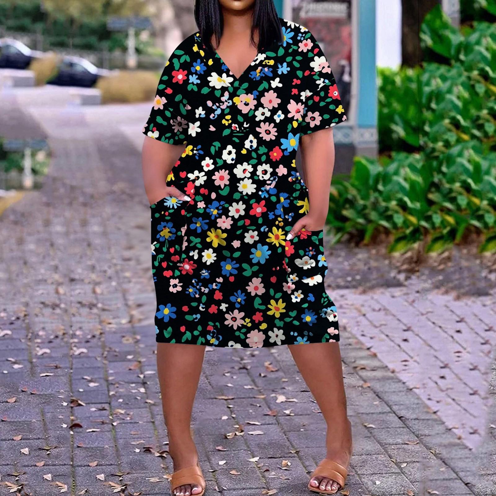 

Летнее повседневное платье больших размеров с V-образным вырезом и коротким рукавом, карманом на колене для женщин XXXXL синий