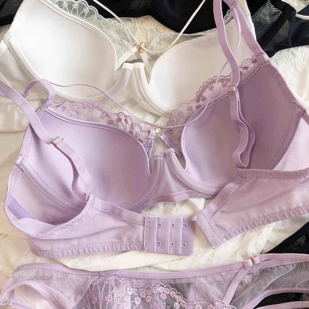 Sexy Hollow Cross Sling Bra French Lace Flowers Embroidery Women Underwear Set Comfort Thin Cup Push Up Bras Romantic Lingerie