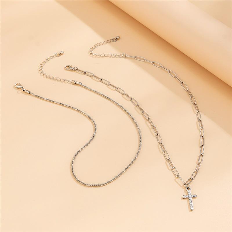 European and American ins sparkling chain clavicle necklace women's simple diamond cross double layer necklace