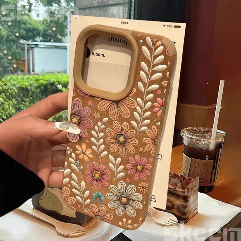 Line Flower Sunflower Bonded Leather Phone Case For iPhone 16 15 14 13 12 11 Pro XS Max XR X 15 Plus 16 Pro Max Matte Back Cover