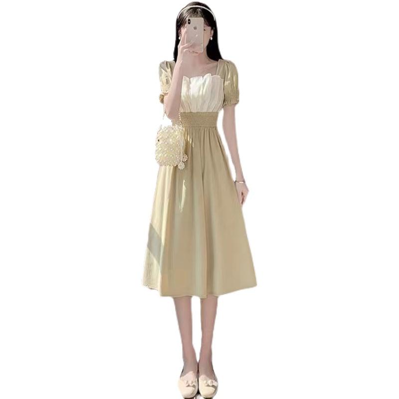 Summer new short-sleeved square-neck dress, bubble-sleeved girl skirt, sweet temperament, waist-over-knee dress