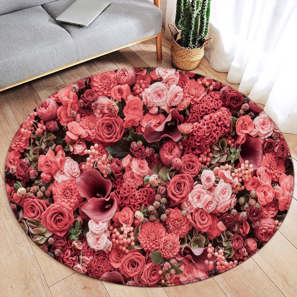 Red Roses Romance Round Carpet Modern Home Carpet Decor Flower Bedroom Living Room Floor Mat Flannel Round Area Rug