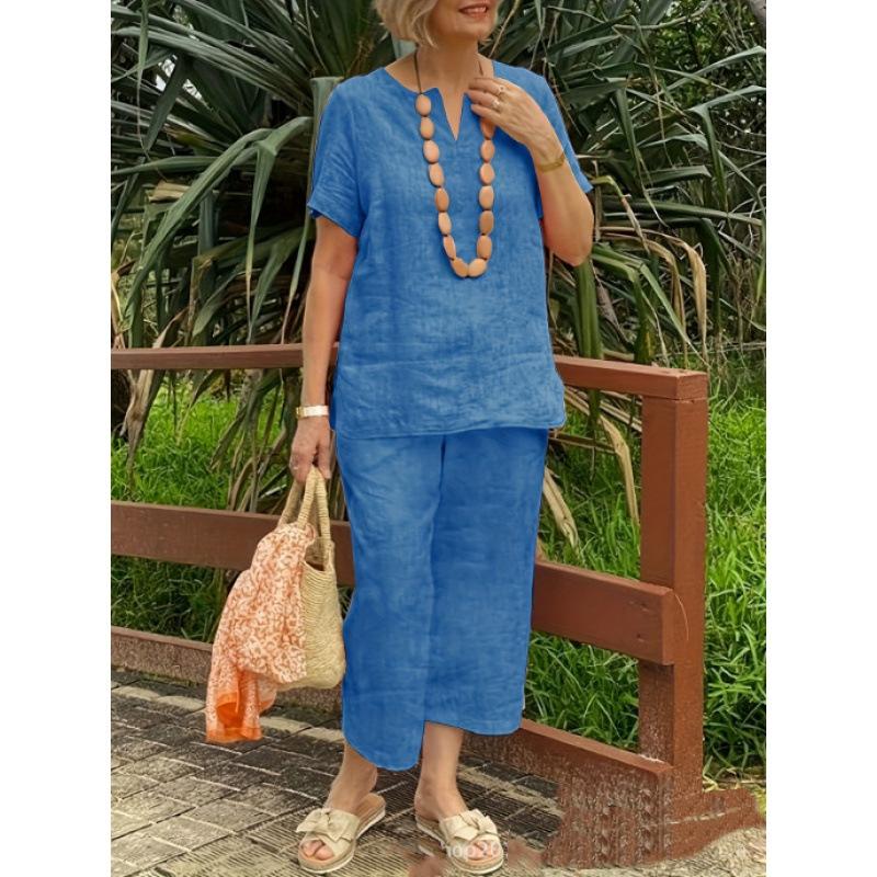 Damen Leinen Kurzarm Top und Weite Hosen Set in Hellgrau, Schwarz und Weinrot