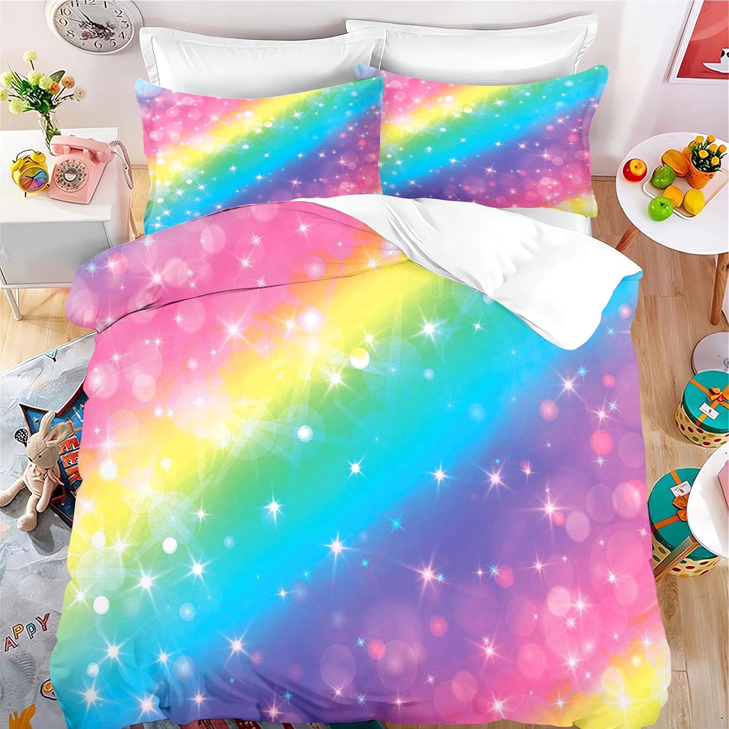 Grosstor Unisex Infant Rainbow Bedding Set For Children Girls, Rainbow Colour Comforter Quilt Cover, Colour Gradient Duvet Cover With 1/2 Pillowcases 200Cm