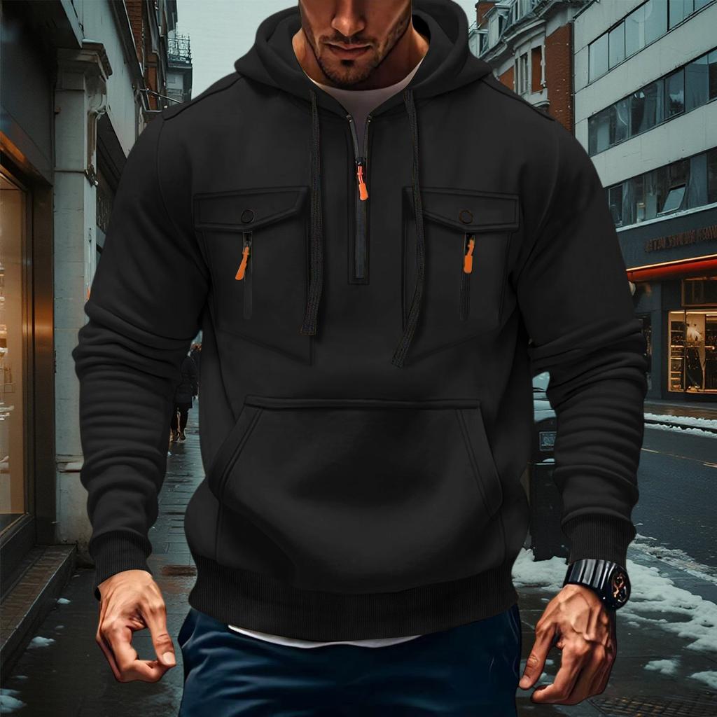 Men's Military Cargo Hoodies, Casual Quarter Zipper Pullover Tops With Multi Pockets