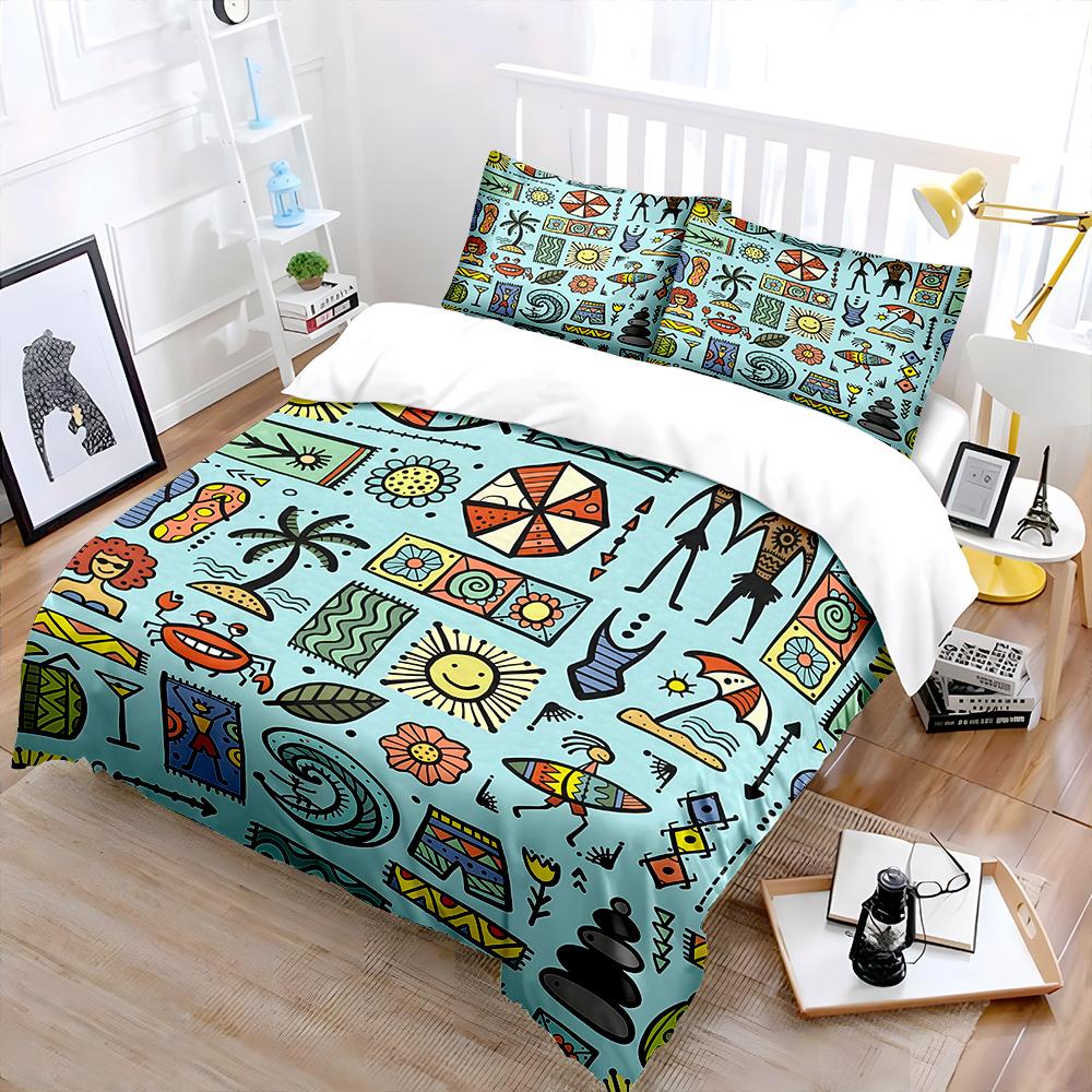 Summer beach hand-drawn patterns Print Soft Comfortable Duvet Cover Bedding Set Included 1*Duvet Cover 2*Pillowcases