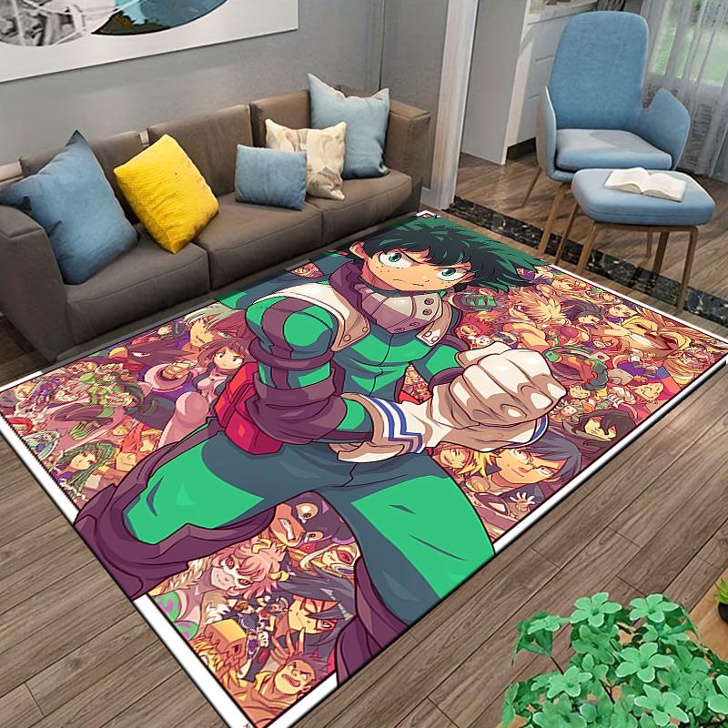 Modern Bold Graphic Illustration My Hero Academia Deku Hero Collage Anime Fan Art Green soft area floor mat ideal for kids playroom nursery bedroom