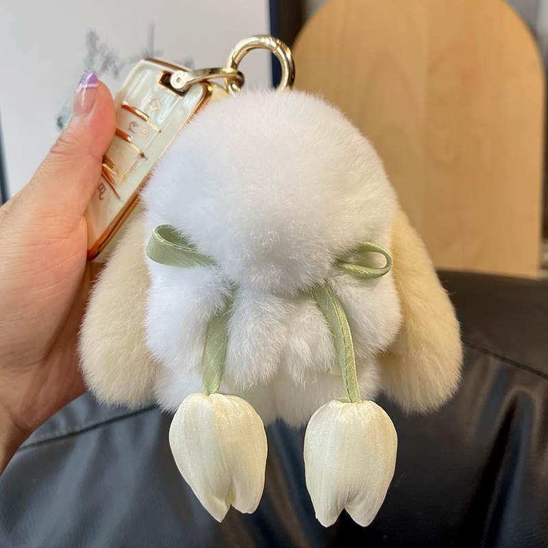 Real Rex Rabbit Hair Rabbit Tulip Keychain Pendant Cute Dead Rabbit Plush Doll Bag Pendant Gift