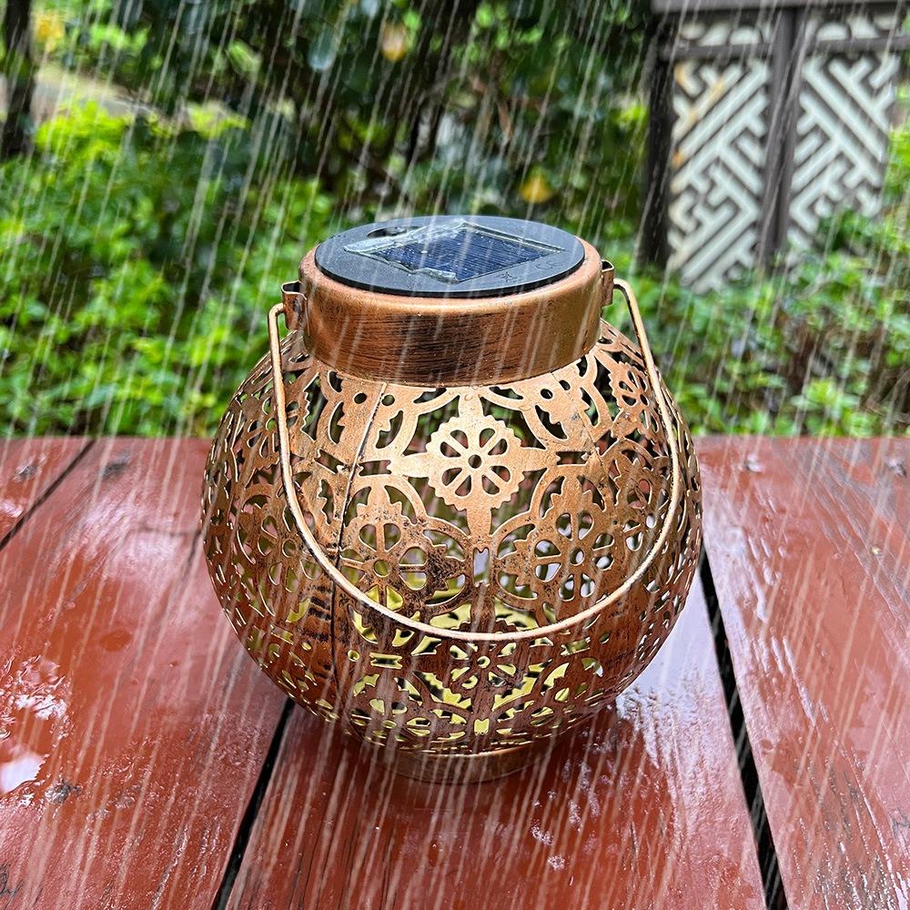 Solar Powered Iron Projection Light Outdoor Garden Hanging Lantern With Hollow Out Design For Patio Fence Decoration