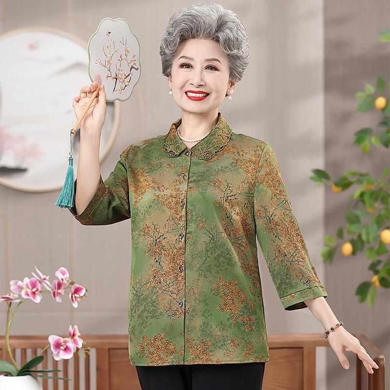 Elderly Women s Silk Tops: Lightweight Spring/Summer Wear for Grandma 5XL (150-165 lbs) зелёный