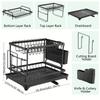 2 Tier Metal Dish Drying Rack with Drainboard Multifunctional Kitchen Organizer Utensil Cup Holder Space Saving Rustproof Black