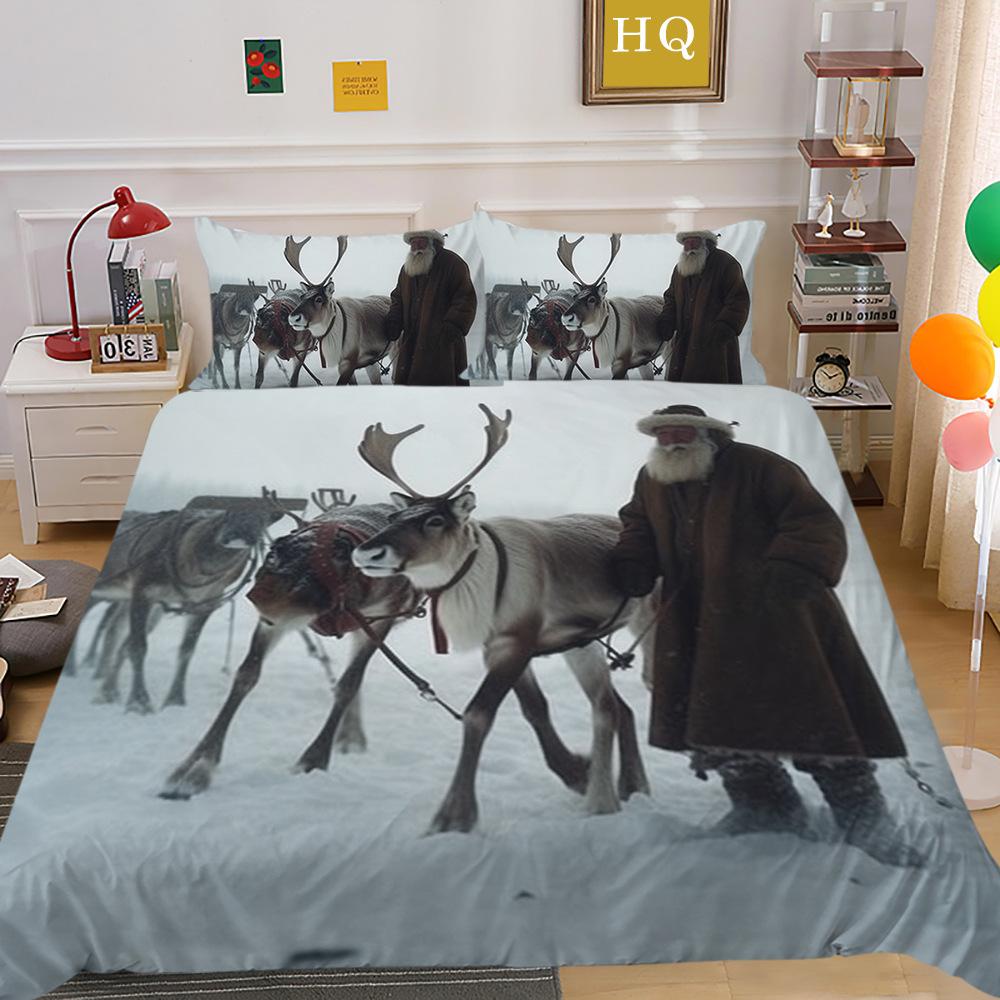 Jultomte Älg 3D-tryckt Polyester Örngott Täcke Två- eller Tredelat Set Tillgängligt