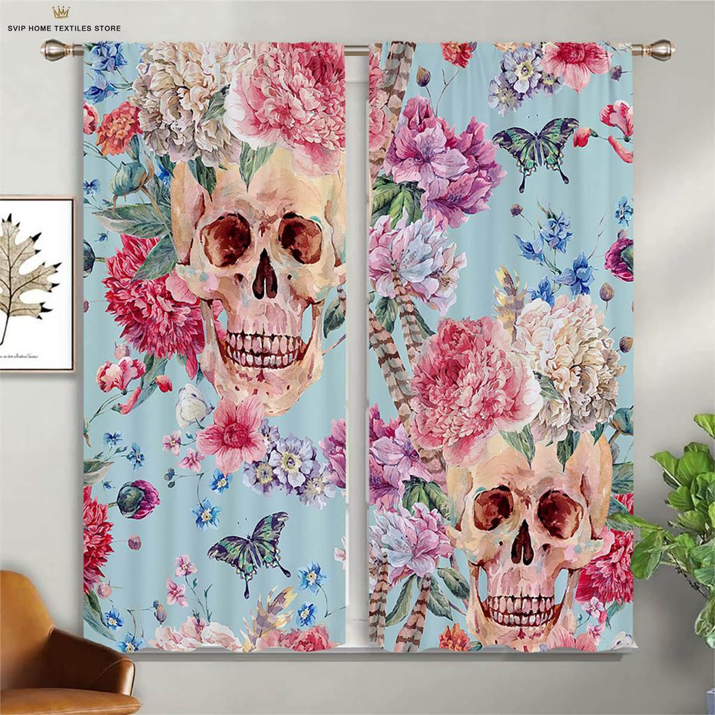 Colorful Pattern Floral Pattern Skull Style 3D Pattern Printing Window Curtains, Halloween Theme, Festival, Gathering Decorative Piece, Ideal For