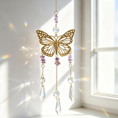 Butterfly Crystal Suncatcher Amethyst Gemstone Wind Chime Prism Rainbow Maker for Window Car Home Garden Decor