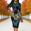 Plus Size Women Long Sleeve Round Neck Midi Dress Blue Tone Rose And Butterfly Print Fitted Bodycon Dress
