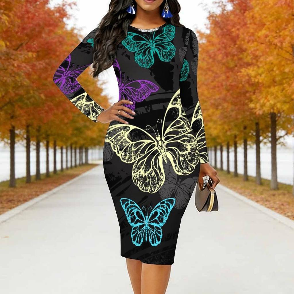 Plus Size Women Long Sleeve Round Neck Midi Dress Blue Tone Rose And Butterfly Print Fitted Bodycon Dress
