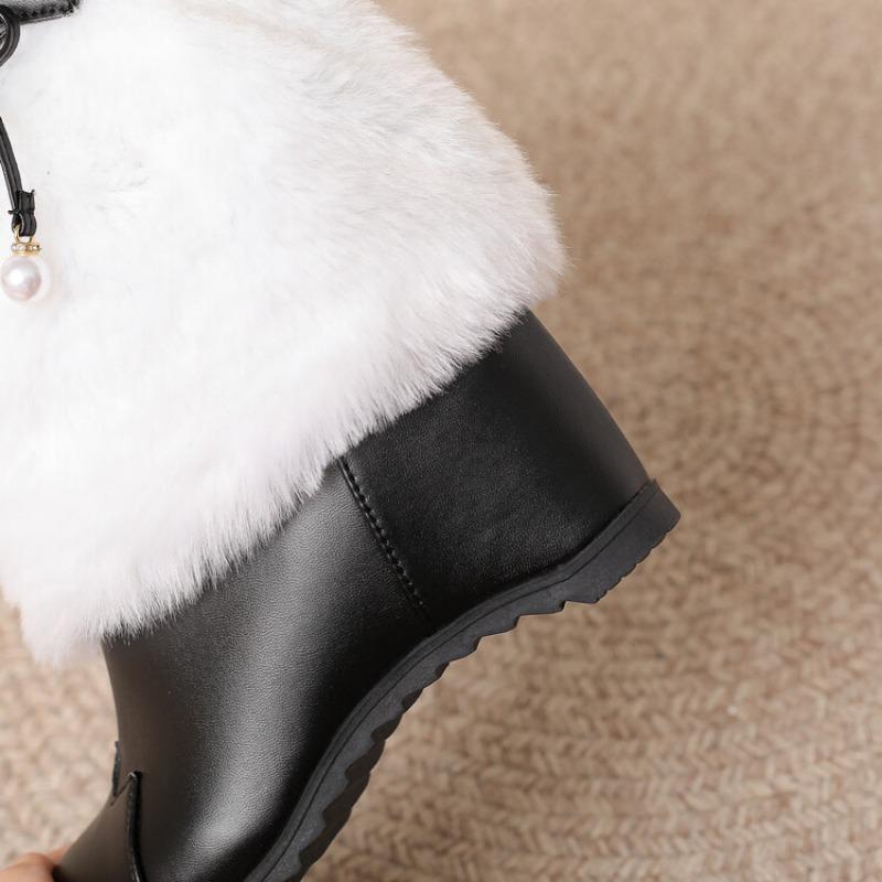 Fashion Plush Boots Black Leather Round Toe Increased Height Inside Mid Length Boots New 6cm Women's Winter Short Boots 35-43