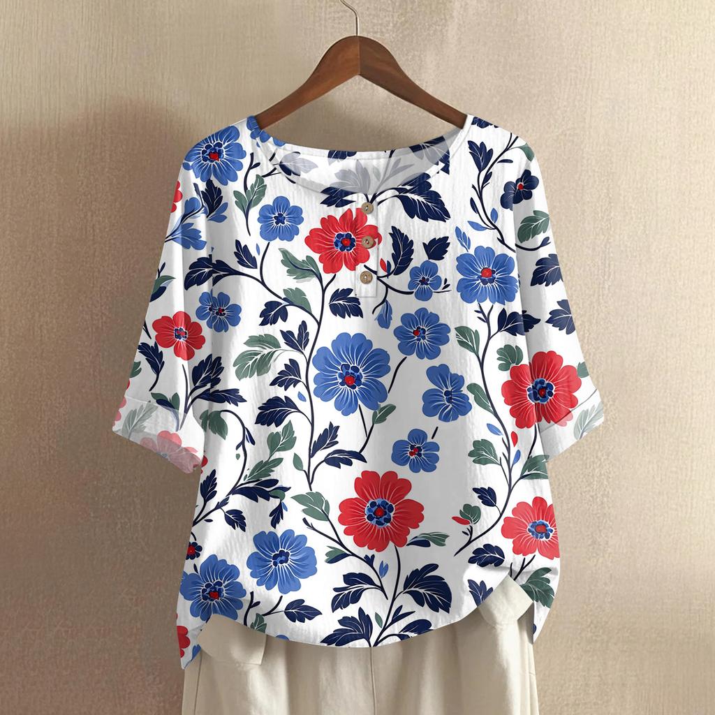 Women's Casual Pullover Top Loose Fit Mid Sleeve Crew Neck Vintage Print Lightweight Comfortable Shirt for Everyday Wear