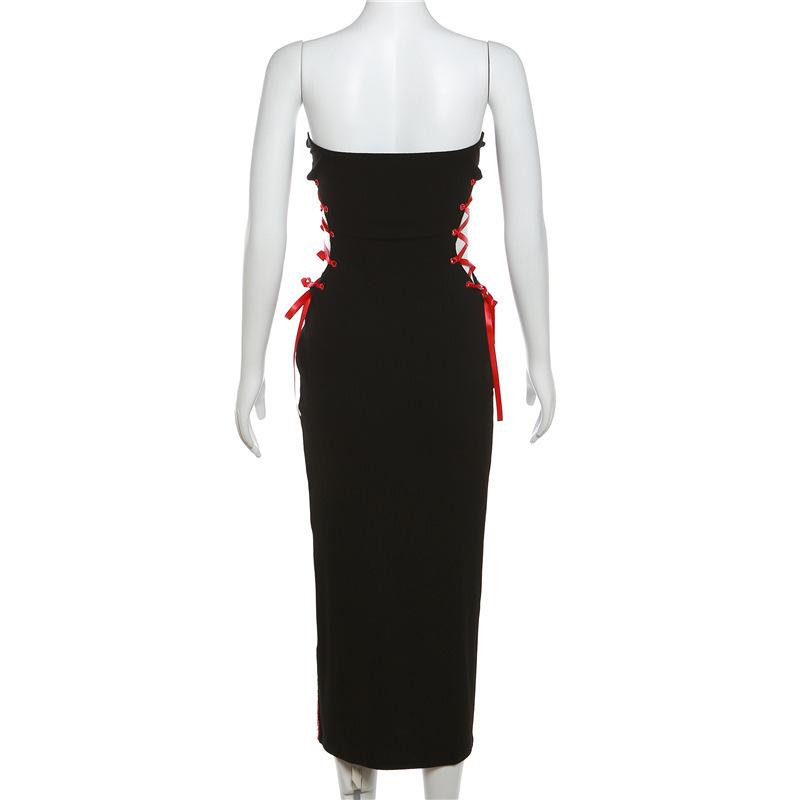AltGoth Gothic Dark Midi Dress Dámské Vintage Fairycore Grunge Punk Y2k Hotsweet Pásek na špagety Dutý korzet Bodycon šaty