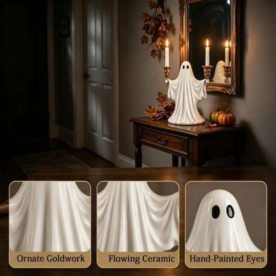 Cute Ghost Figurine Candle Holder for Halloween, Resin Tealight Candlestick, Taper Halloween Decoration Home Table Decor & Spooky Atmosphere Accessory