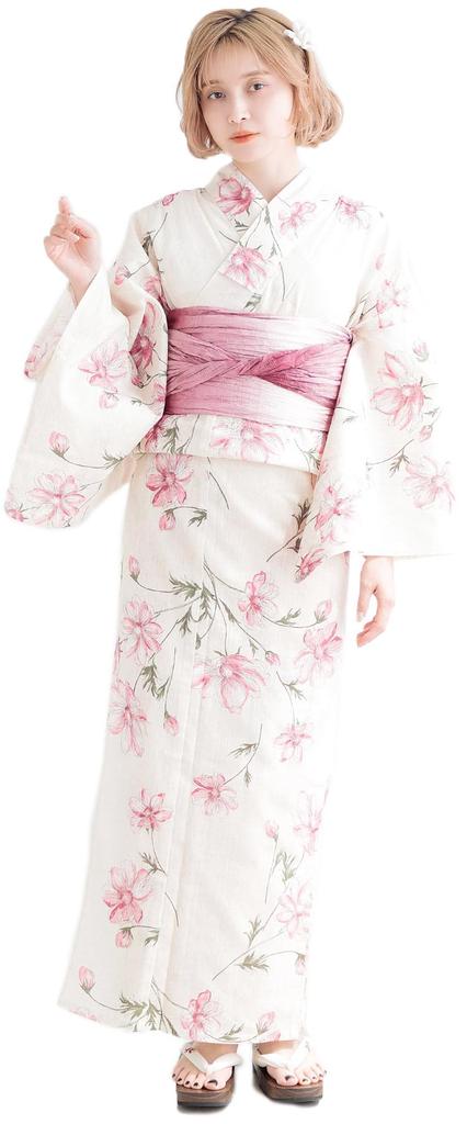(Dita) Dita Women's Yukata 5-Piece Set: Heiko Obi (Sash), Blue, White, Navy, Pink Floral Watercolor Pattern, Natural, Easy To Wear by One Person (2.