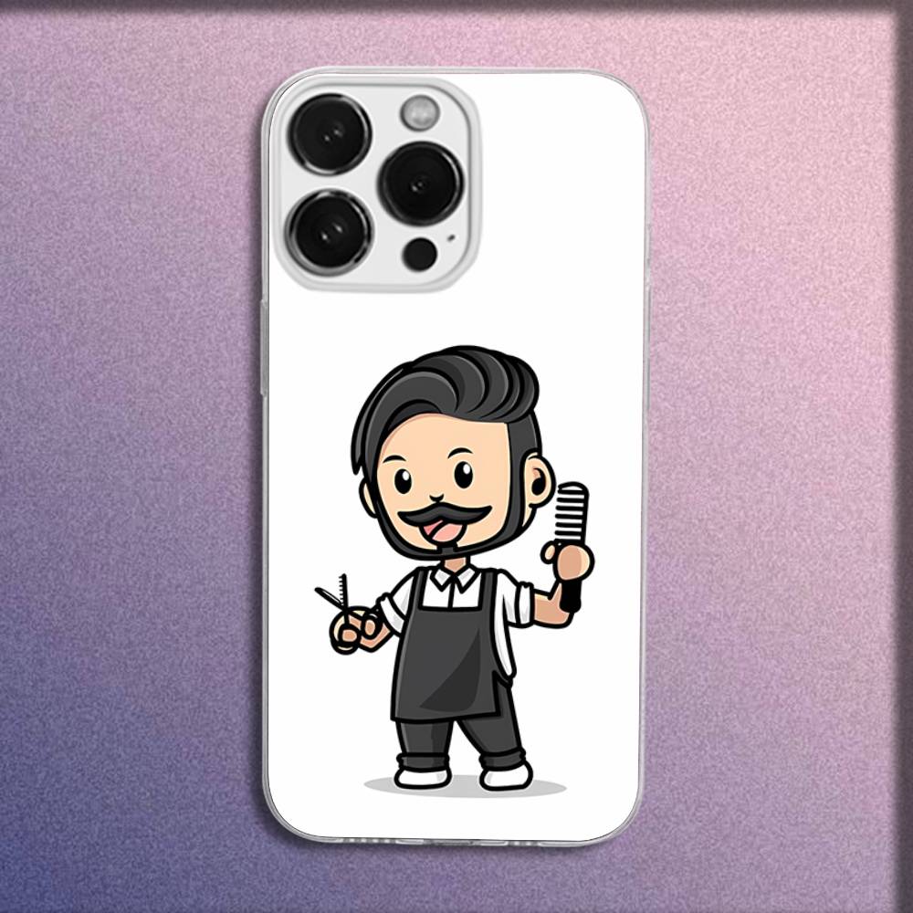Phone Case For iPhone 16,15,14,13,12,11 Plus,Pro,Max,XR,XS,Plus,E,Mini Transparent Cartoon Funny Barber Shop Cover